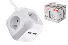 Predl�ovac� k�bel - kocka 1,9 m / 4 z�suvky / biely / PVC / s USB / 1 mm2