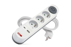 Predl�ovac� k�bel 2 m / 3 z�suvky / s vyp�na�om / biely / 1�USB-A + 1�USB-C / 1,5 mm2