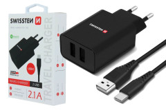 Sie�ov� adapt�r Swissten 2� USB 2,1A +k�bel USB-C 1,2m �ierny
